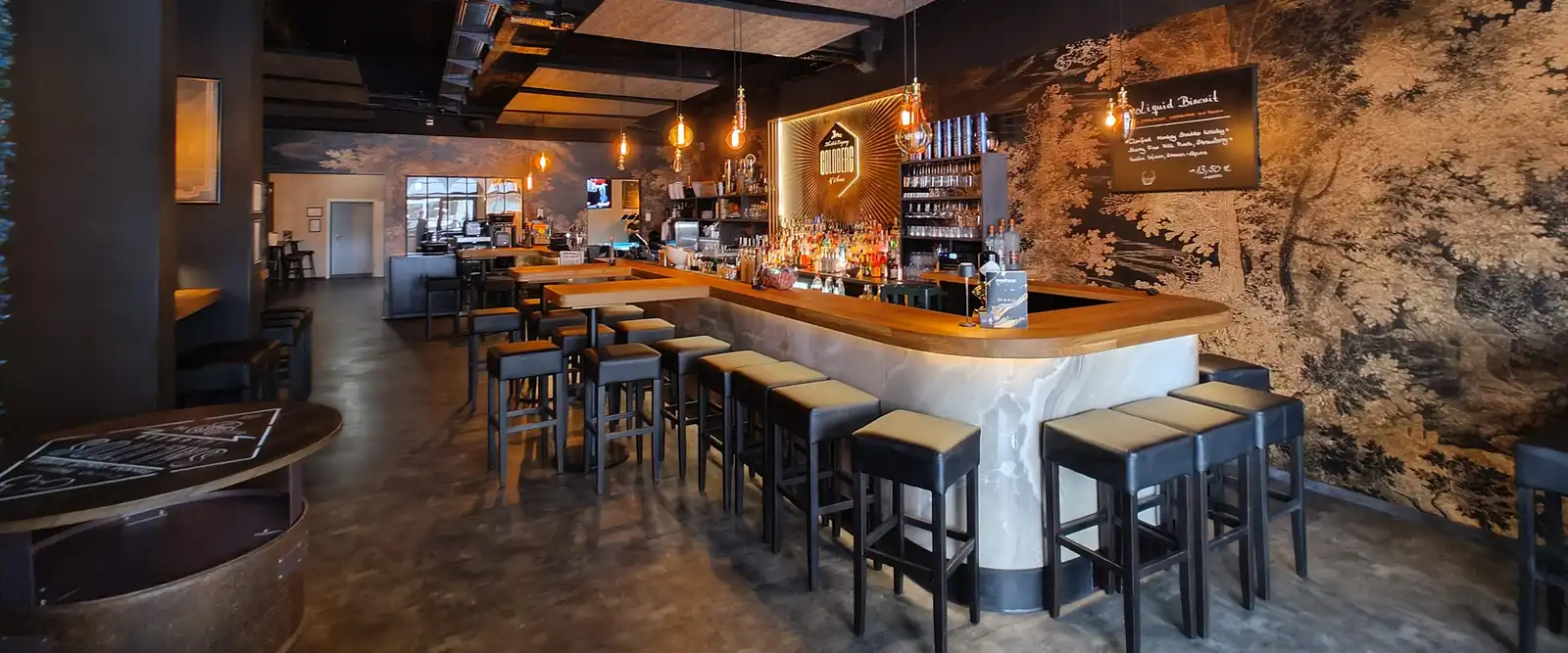 The bar from the front: the counter and the Goldberg back wall